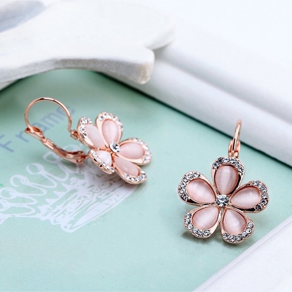 2/$20! Pink Pearlescent Flower Lever Back Earrings - Picture 3 of 8